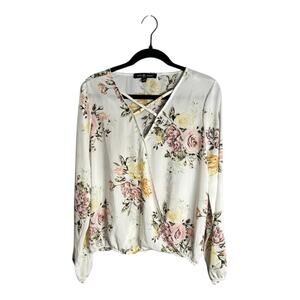 Belle Tweed White and Pink Floral Long Sleeve Blouse Low V Neckline Large